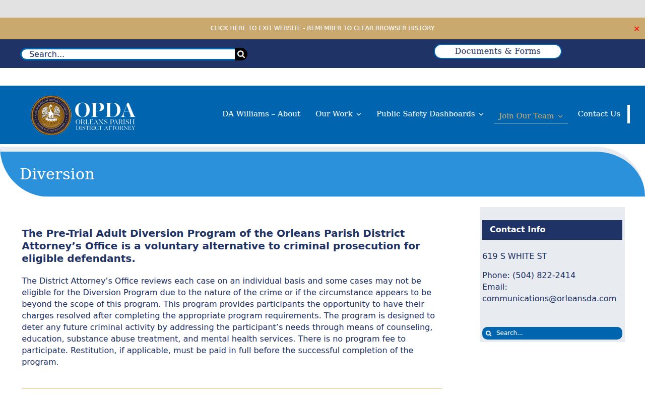 Orleans Parish criminal court cases and district attorney diversion information