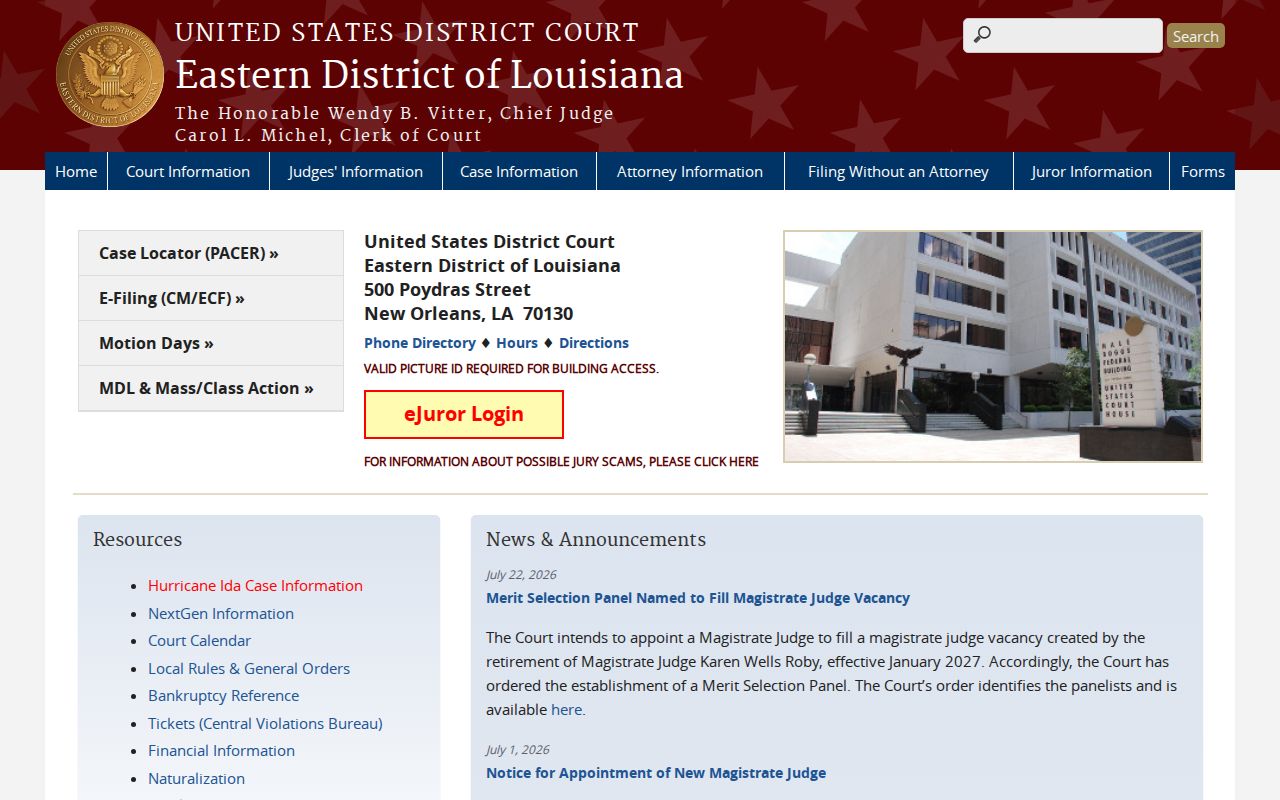 Eastern District of Louisiana federal court website for New Orleans case records