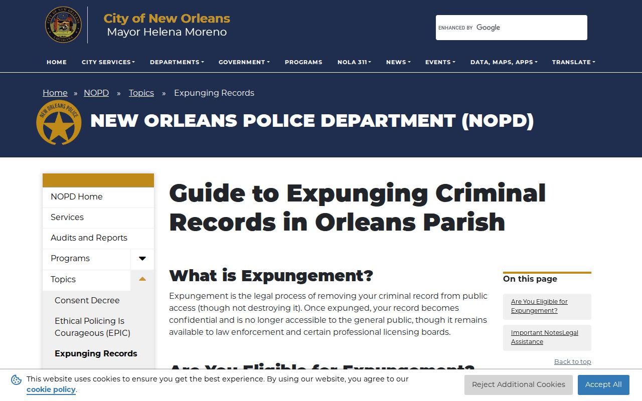New Orleans Police Department expungement instructions for Orleans Parish records
